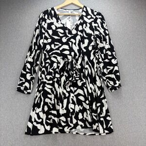 Nine West Dress Womens S Black White Long Sleeve Abstract Print Tie Waist V Neck